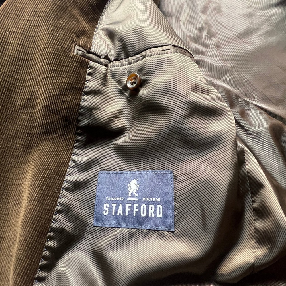 Stafford Signature Mens 44R Brown Corduroy Blazer Sportcoat Elbow Patches Jacket - Picture 11 of 16